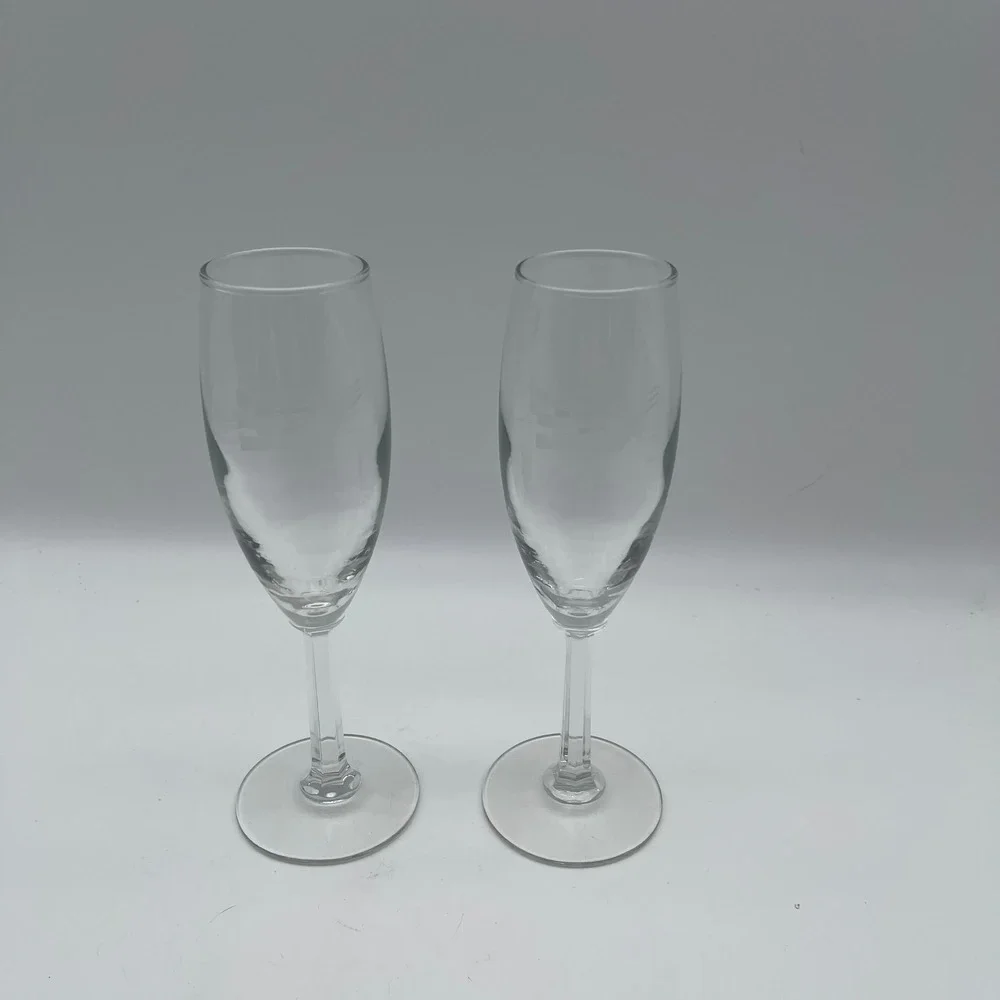Pair of Etched Clear Glass Champagne Flutes w Faceted Hexagonal Stems Set of 2